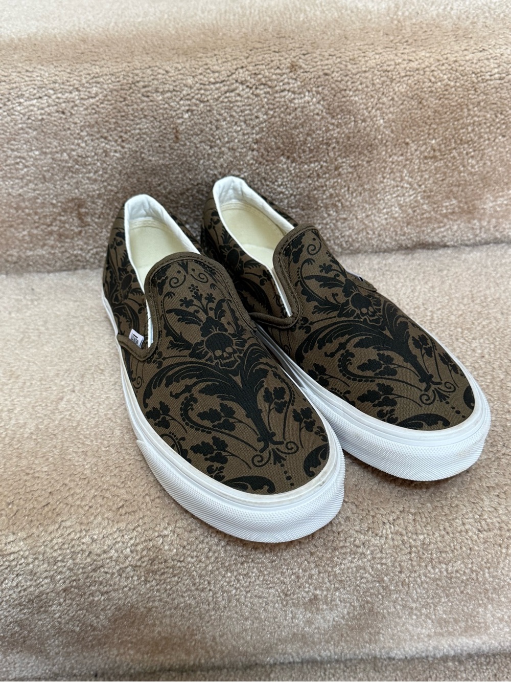 Vans Brown Canvas Slip-On with Black Floral Damask Print (Men or Women)